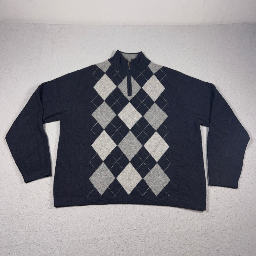 Paolo Mondo Quarter Zip Sweater Men XL Argyle Navy Gray ‎ Cashmere Luxury